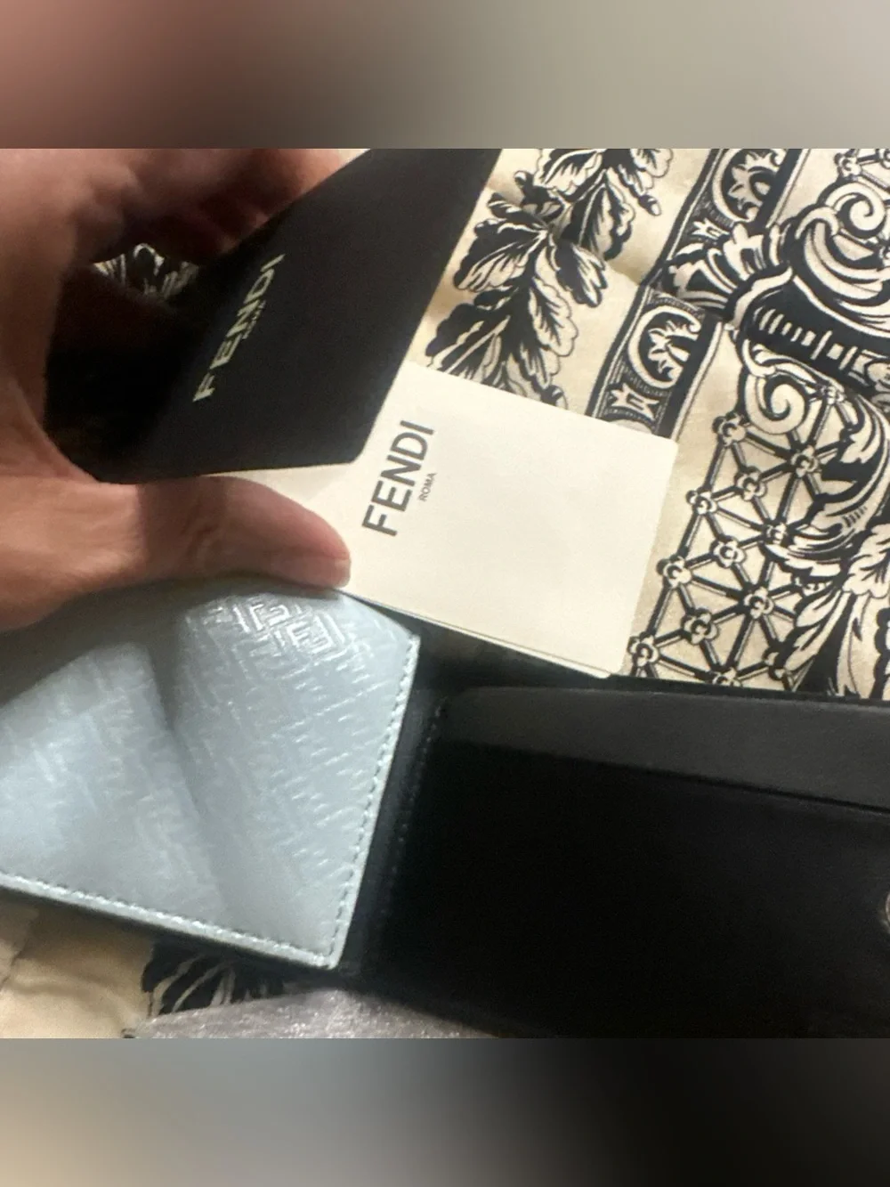 Fendi Roma Blue Leather Card Case with Black Strap NWT, Box Unisex